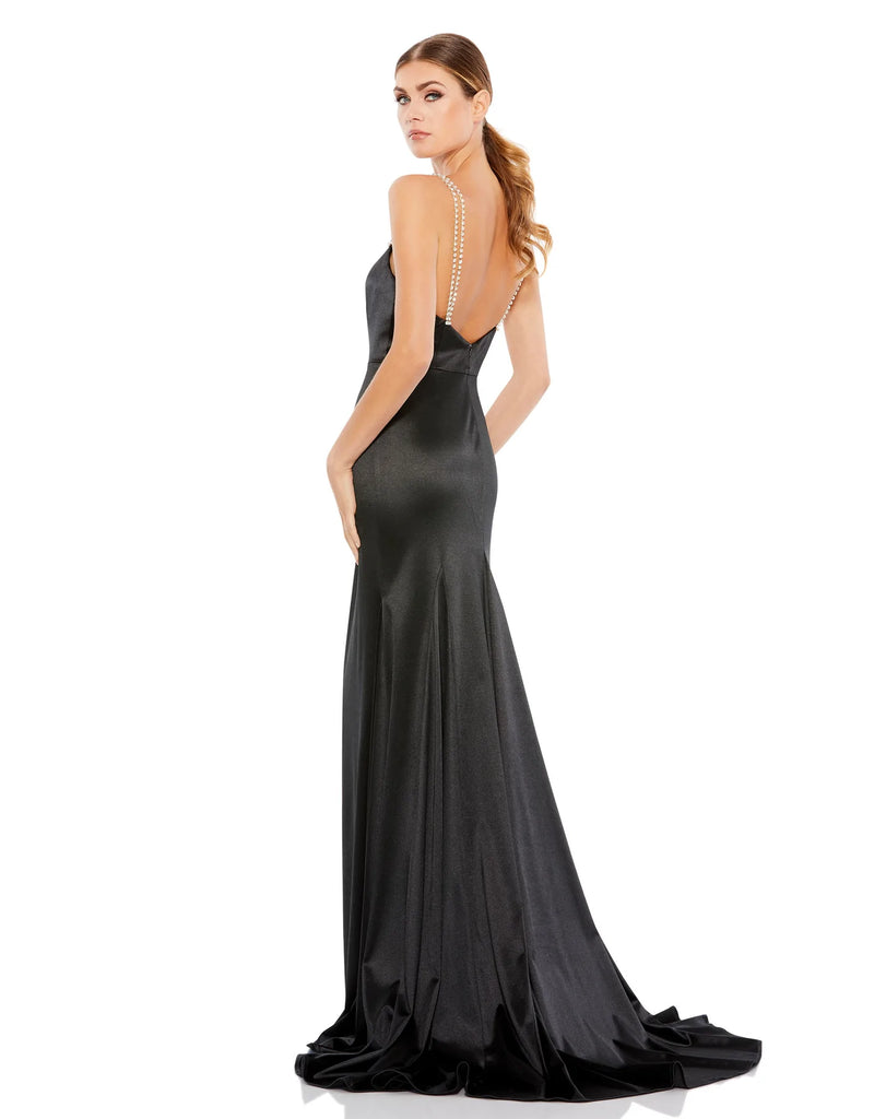 This elegant black, floor length, fitted, formal dress is picture perfect for proms, weddings and special occasions! With an elongating column style and liquid satin fabric, this gown is both elegant and sophisticated. This floor length dress features a dazzling embellished crystal encrusted straps with a touch of a sweetheart neckline finished with a glamorous sweeping train back view