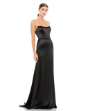 This elegant black, floor length, fitted, formal dress is picture perfect for proms, weddings and special occasions! With an elongating column style and liquid satin fabric, this gown is both elegant and sophisticated. This floor length dress features a dazzling embellished crystal encrusted straps with a touch of a sweetheart neckline finished with a glamorous sweeping train.