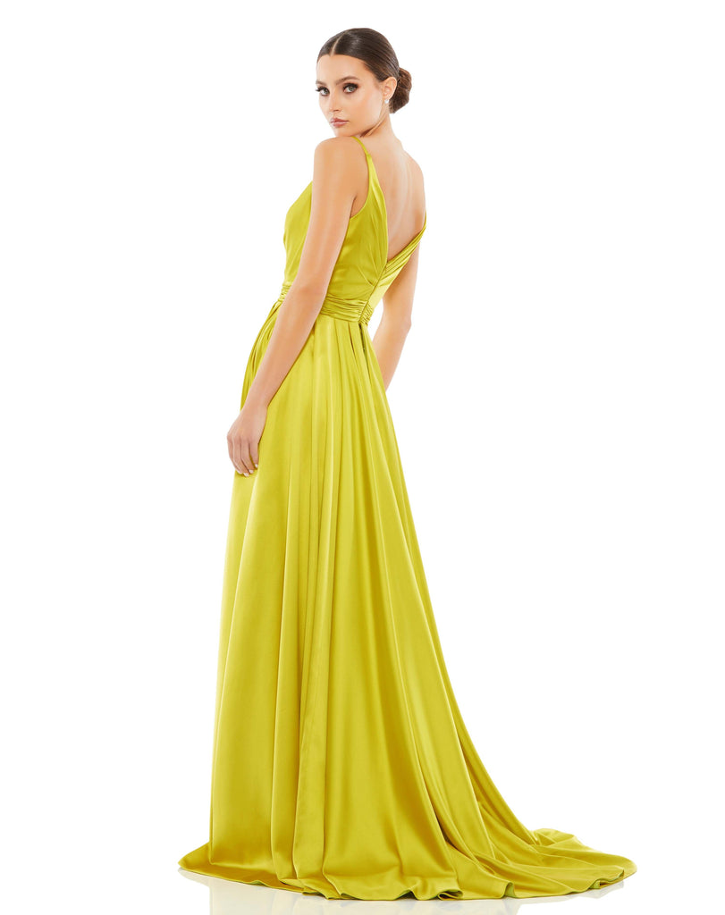 This stunning, chartreuse, satin v-neck gown with a thigh-high front slit is a beautiful, full-length evening dress perfect for proms, black-tie affairs, weddings and special events! back