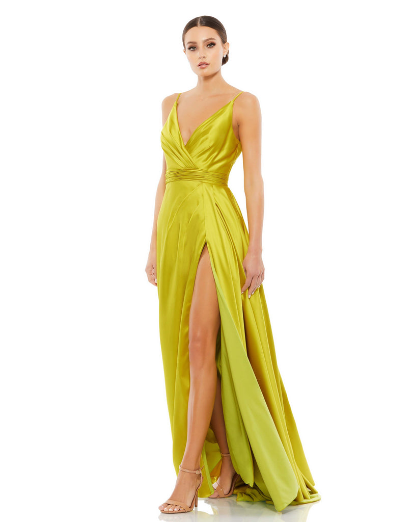 This stunning, chartreuse, satin v-neck gown with a thigh-high front slit is a beautiful, full-length evening dress perfect for proms, black-tie affairs, weddings and special events!