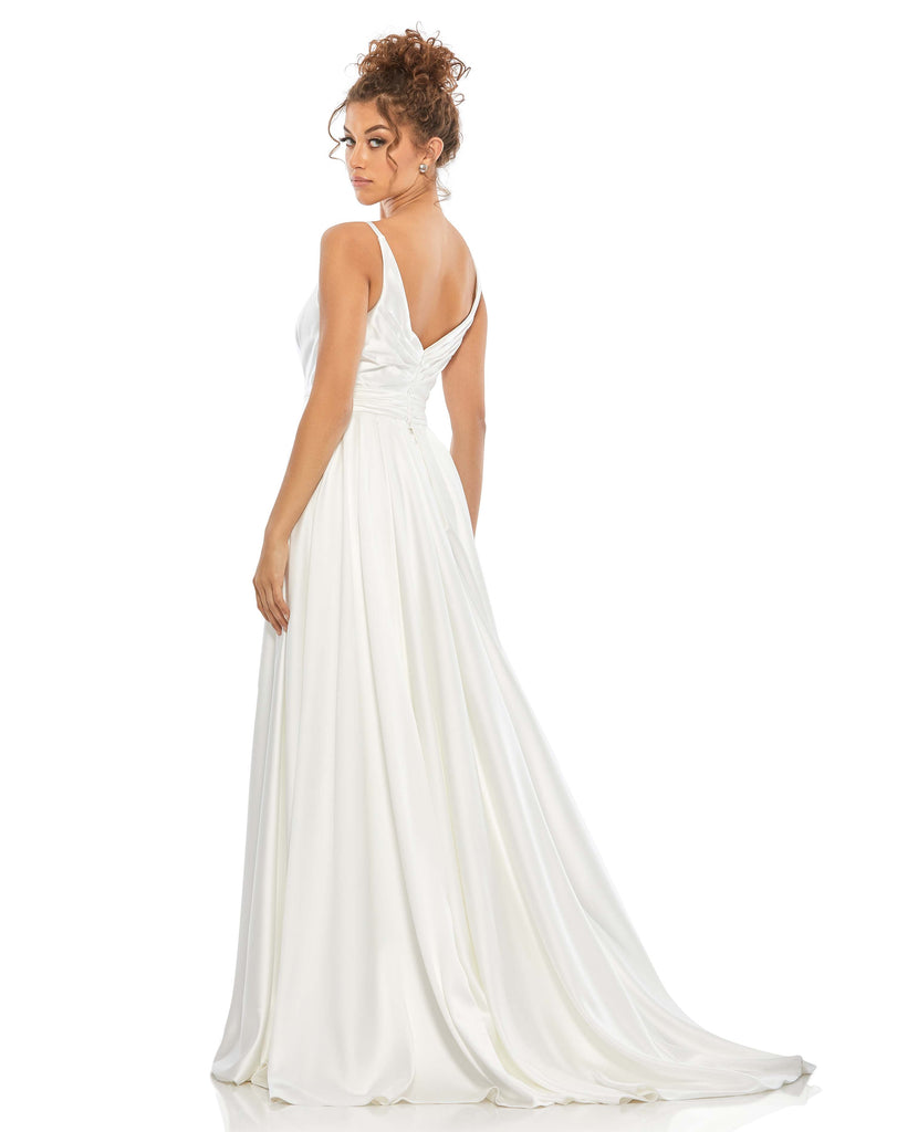 This stunning, white, satin v-neck gown with a thigh-high front slit is a beautiful, full-length evening dress perfect for proms, black-tie affairs, weddings and special events! back