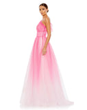 This very special, hot pink, floor length, princess A line ball gown will make you feel like. true Hollywood movie-star. Made with light-catching glitter-flecked tulle, this effervescent ball gown is styled with a one-shoulder top with a fluttery statement sleeve, a pleated waistband, and full, feminine skirt. This elegant formal dress is picture for balls, weddings and special occasions side view