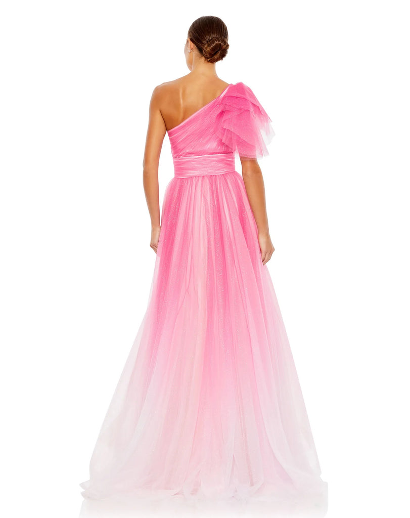 This very special, hot pink, floor length, princess A line ball gown will make you feel like. true Hollywood movie-star. Made with light-catching glitter-flecked tulle, this effervescent ball gown is styled with a one-shoulder top with a fluttery statement sleeve, a pleated waistband, and full, feminine skirt. This elegant formal dress is picture for balls, weddings and special occasions back view