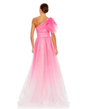 This very special, hot pink, floor length, princess A line ball gown will make you feel like. true Hollywood movie-star. Made with light-catching glitter-flecked tulle, this effervescent ball gown is styled with a one-shoulder top with a fluttery statement sleeve, a pleated waistband, and full, feminine skirt. This elegant formal dress is picture for balls, weddings and special occasions back view