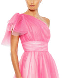 This very special, hot pink, floor length, princess A line ball gown will make you feel like. true Hollywood movie-star. Made with light-catching glitter-flecked tulle, this effervescent ball gown is styled with a one-shoulder top with a fluttery statement sleeve, a pleated waistband, and full, feminine skirt. This elegant formal dress is picture for balls, weddings and special occasions close up