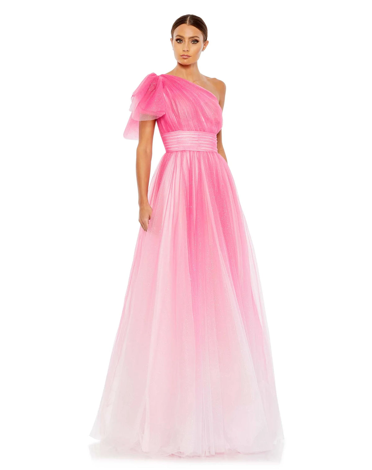 This very special, hot pink, floor length, princess A line ball gown will make you feel like. true Hollywood movie-star. Made with light-catching glitter-flecked tulle, this effervescent ball gown is styled with a one-shoulder top with a fluttery statement sleeve, a pleated waistband, and full, feminine skirt. This elegant formal dress is picture for balls, weddings and special occasions!  front view]\
