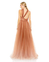 This very special, nude tone, Mac Duggal, floor-length, ball-gown in delicate carmel ombre is a evening dress destined for black-tie, red carpet and very special events! Made with beautiful layers of soft-tulle and an asymmetric neckline. This elegant formal dress is picture perfect and will have you looking every inch a princess back view
