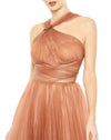 This very special, nude tone, Mac Duggal, floor-length, ball-gown in delicate carmel ombre is a evening dress destined for black-tie, red carpet and very special events! Made with beautiful layers of soft-tulle and an asymmetric neckline. This elegant formal dress is picture perfect and will have you looking every inch a princess.  front view
