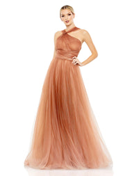This very special, nude tone, Mac Duggal, floor-length, ball-gown in delicate carmel ombre is a evening dress destined for black-tie, red carpet and very special events! Made with beautiful layers of soft-tulle and an asymmetric neckline. This elegant formal dress is picture perfect and will have you looking every inch a princess. 