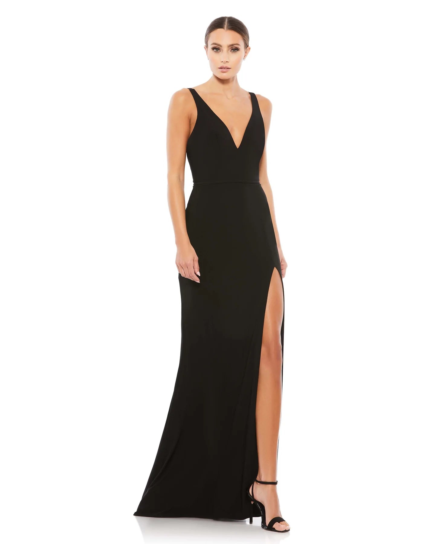 Mac Duggal Vampy Plunge Black Bodycon Evening Gown w Side Split