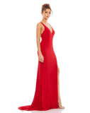 This vampy, Jessica Rabbit of a dress is a floor-length, strapless red bodycon, fitted gown with a plunging V shaped bust, banding at the waist to cinch you in and one sexy thigh high split for added drama, finished perfectly with a little train. With stunning strap detail at the back, this evening dress is just as show-stopping from the back as it is from the front! This gown is perfect for proms, black-tie affairs, weddings and special events side view