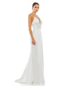 This elegant Grecian inspired, Mac Duggal white, bridal perfect, floor-length, faux-wrap evening gown features delicate spaghetti straps, a plunging chest, a fitted bodycon fit and a sweeping train. This charmeuse gown is perfect for proms, black-tie affairs, weddings, brides and special events side view