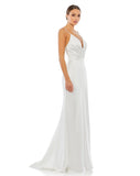 This elegant Grecian inspired, Mac Duggal white, bridal perfect, floor-length, faux-wrap evening gown features delicate spaghetti straps, a plunging chest, a fitted bodycon fit and a sweeping train. This charmeuse gown is perfect for proms, black-tie affairs, weddings, brides and special events side view