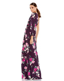 This stunning one-sleeve charmeuse floral-print gown in gorgeous plum colour is completed with a high slit and hand-sewn ruching to accent the waist is the perfect dress for Summer weddings and special events side view