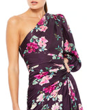 This stunning one-sleeve charmeuse floral-print gown in gorgeous plum colour is completed with a high slit and hand-sewn ruching to accent the waist is the perfect dress for Summer weddings and special events close up