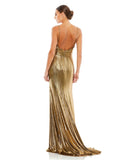 This elegant Mac Duggal, long, metallic bronze, jersey spaghetti strap gown with a faux-wrap bodice, plunging v-neckline, and a floor-length skirt with a sweeping train. This elegant evening dress is the perfect dress perfect for proms, black-tie affairs, weddings and special events! back
