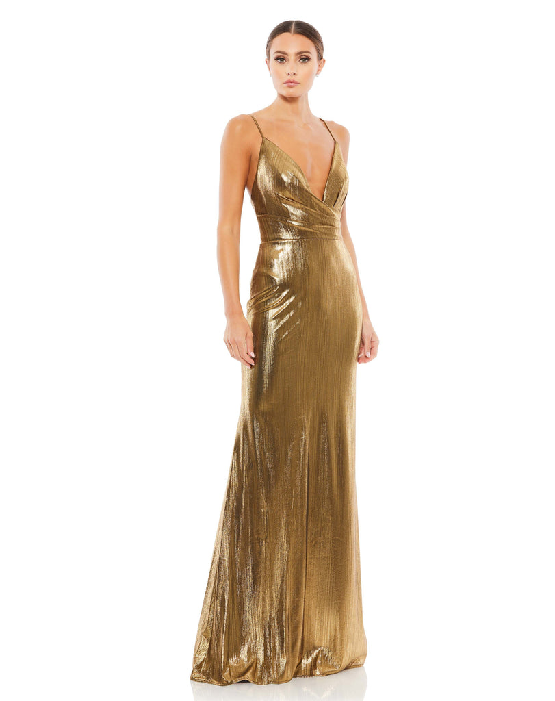 This elegant Mac Duggal, long, metallic bronze, jersey spaghetti strap gown with a faux-wrap bodice, plunging v-neckline, and a floor-length skirt with a sweeping train. This elegant evening dress is the perfect dress perfect for proms, black-tie affairs, weddings and special events! front