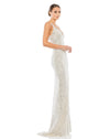  This elegant Mac Duggal, long, silver All over-sequined sleeveless gown with a plunging sweetheart neckline, a low scoop back, and a floor-length skirt featuring a high front slit and delicate sweeping train. This elegant evening dress is the perfect dress perfect for proms, black-tie affairs, weddings and special events! side