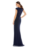 This elegant Mac Duggal navy-blue, evening dress is a beautiful, long, simple and sleek, chic jersey gown. Cut with a curve-hugging fit, the dress is fashioned with a deep surplice neckline, short sleeves and pleating at the waist. This gown is perfect for proms, black-tie affairs, weddings and special events back