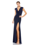 This elegant Mac Duggal navy-blue, evening dress is a beautiful, long, simple and sleek, chic jersey gown. Cut with a curve-hugging fit, the dress is fashioned with a deep surplice neckline, short sleeves and pleating at the waist. This gown is perfect for proms, black-tie affairs, weddings and special events!