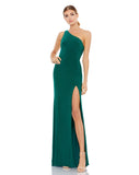 This elegant Mac Duggal emerald green, evening dress is a beautiful, long, simple and sleek, off-the-shoulder evening gown with a sexy open cowl back and a thigh-high slit. This gown is perfect for proms, black-tie affairs, weddings and special events!