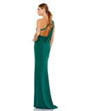 This elegant Mac Duggal emerald green, evening dress is a beautiful, long, simple and sleek, off-the-shoulder evening gown with a sexy open cowl back and a thigh-high slit. This gown is perfect for proms, black-tie affairs, weddings and special events! back