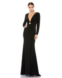 This elegant Mac Duggal long, black, long-sleeve jersey gown with a plunging v-neckline, gathered waist, and jewelled keyhole midriff is the perfect dress perfect for proms, black-tie affairs, weddings and special events!