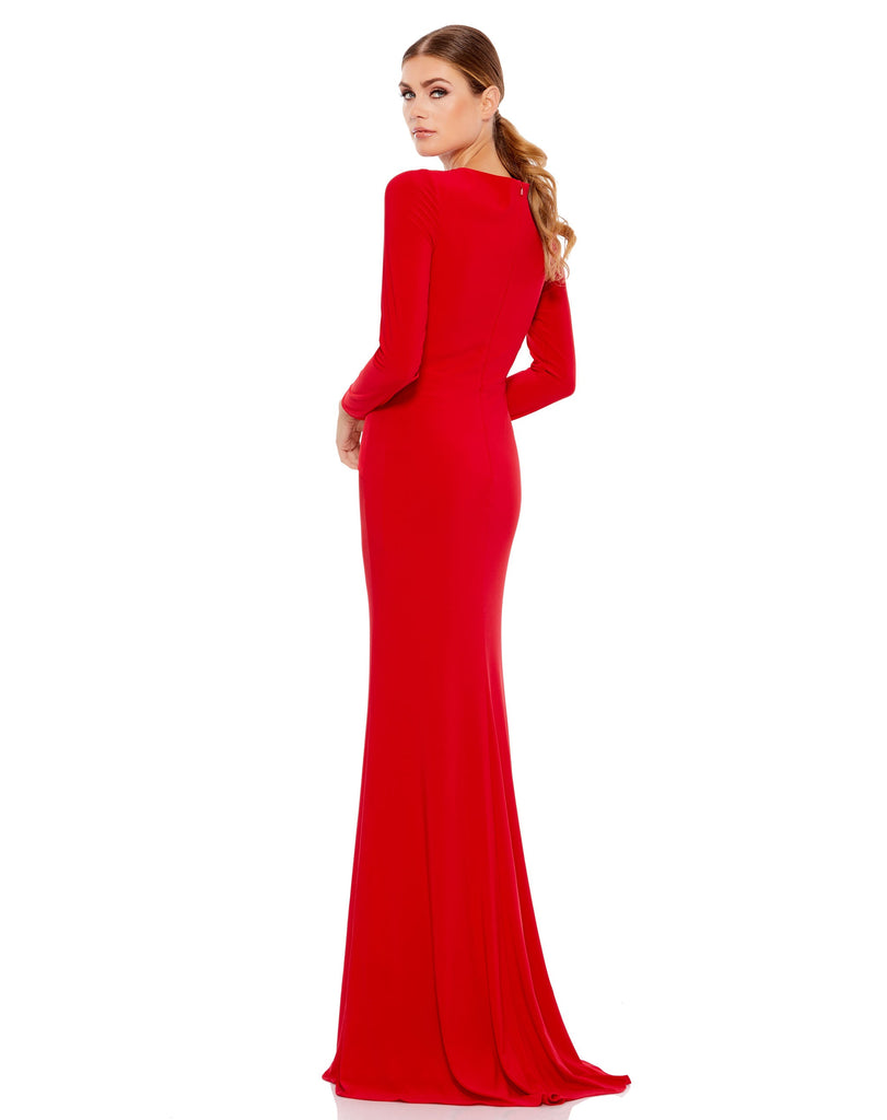 This elegant Mac Duggal long, red, long-sleeve jersey gown with a plunging v-neckline, gathered waist, and jeweled keyhole midriff is the perfect dress perfect for proms, black-tie affairs, weddings and special events! red back