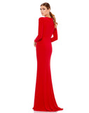 This elegant Mac Duggal long, red, long-sleeve jersey gown with a plunging v-neckline, gathered waist, and jeweled keyhole midriff is the perfect dress perfect for proms, black-tie affairs, weddings and special events! red back
