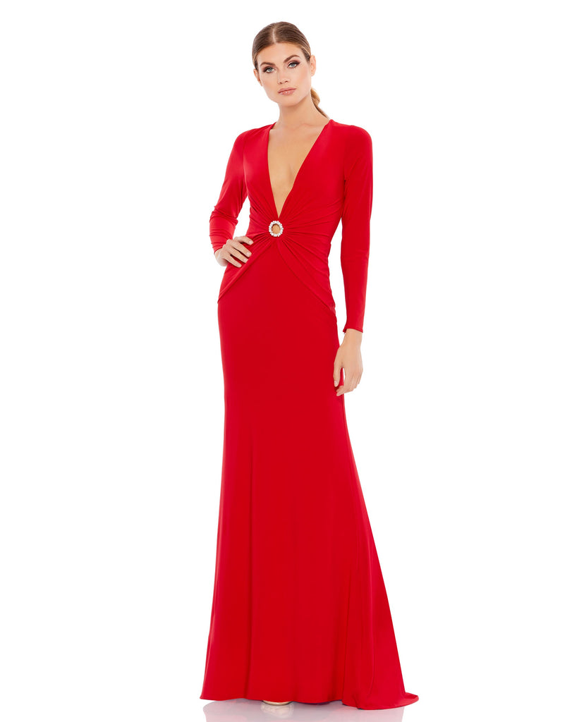 This elegant Mac Duggal long, red, long-sleeve jersey gown with a plunging v-neckline, gathered waist, and jeweled keyhole midriff is the perfect dress perfect for proms, black-tie affairs, weddings and special events! red
