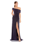 This elegant Mac Duggal long foldover off-the-shoulder jersey gown with a flattering ruched bodice and a thigh-high slit  is perfect for proms, black-tie affairs, weddings and special events! charcoal front