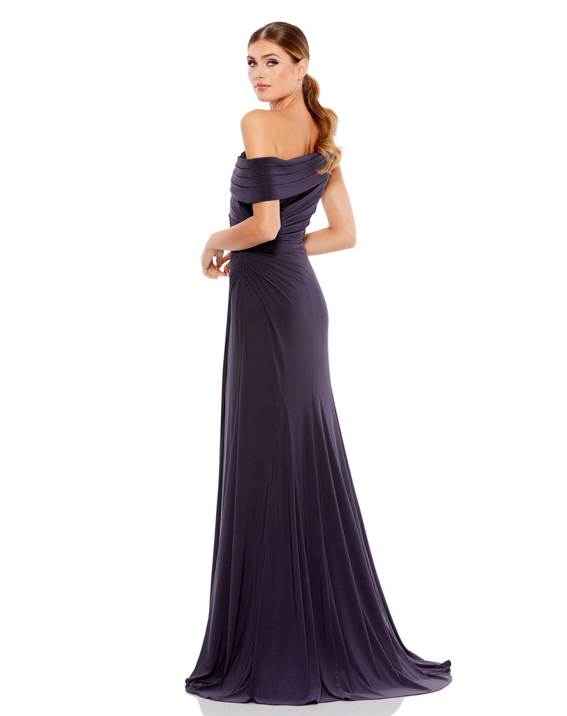 This elegant Mac Duggal long foldover off-the-shoulder jersey gown with a flattering ruched bodice and a thigh-high slit  is perfect for proms, black-tie affairs, weddings and special events! charcoal back