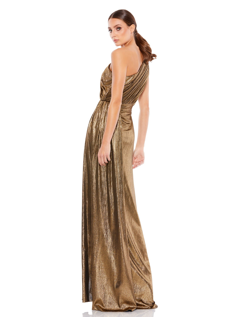 Mac Duggal Style #26537 Metallic draped one shoulder Grecian dress - Antique gold side
