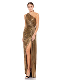 This elegant Mac Duggal antique gold Grecian-inspired evening gown in a sexy metallic jersey. This full-length, one-shoulder gown features a draped skirt, thigh-high slit, and a subtle train. This gown is perfect for proms, black-tie affairs, weddings and special events!