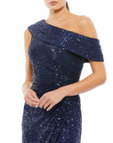This elegant Mac Duggal midnight-blue, sequin, evening dress is a beautiful, long, simple and sleek, sequined off-the-shoulder evening gown with a fitted ruched bodice. The floor-length skirt features a sweeping train and a sexy thigh-high slit. This gown is perfect for proms, black-tie affairs, weddings and special events! close up