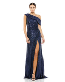 This elegant Mac Duggal midnight-blue, sequin, evening dress is a beautiful, long, simple and sleek, sequined off-the-shoulder evening gown with a fitted ruched bodice. The floor-length skirt features a sweeping train and a sexy thigh-high slit. This gown is perfect for proms, black-tie affairs, weddings and special events! front