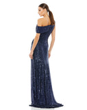 This elegant Mac Duggal midnight-blue, sequin, evening dress is a beautiful, long, simple and sleek, sequined off-the-shoulder evening gown with a fitted ruched bodice. The floor-length skirt features a sweeping train and a sexy thigh-high slit. This gown is perfect for proms, black-tie affairs, weddings and special events! side