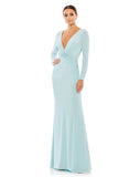 This elegant Mac Duggal powder-blue, evening dress is a beautiful, long, simple and sleek, chic jersey gown. Cut with a curve-hugging fit, the dress is fashioned with a deep surplice neckline, long sleeves and pleating at the waist. This gown is perfect for proms, black-tie affairs, weddings and special events!