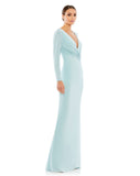 This elegant Mac Duggal powder-blue, evening dress is a beautiful, long, simple and sleek, chic jersey gown. Cut with a curve-hugging fit, the dress is fashioned with a deep surplice neckline, long sleeves and pleating at the waist. This gown is perfect for proms, black-tie affairs, weddings and special events! side