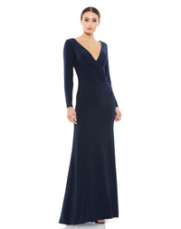 This elegant Mac Duggal midnight-blue, evening dress is a beautiful, long, simple and sleek, chic jersey gown. Cut with a curve-hugging fit, the dress is fashioned with a deep surplice neckline, long sleeves and pleating at the waist. This gown is perfect for proms, black-tie affairs, weddings and special events!