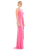 This youthful and feminine floor-length, jersey candy pink evening dress with one-shoulder detail, a cinched waist and a beautiful bodycon skirt flowing down to a little train and trumpet detail at the back is a gorgeous choice for proms, black-tie affairs, weddings and special events side view