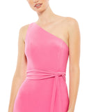 This youthful and feminine floor-length, jersey candy pink evening dress with one-shoulder detail, a cinched waist and a beautiful bodycon skirt flowing down to a little train and trumpet detail at the back is a gorgeous choice for proms, black-tie affairs, weddings and special events close up