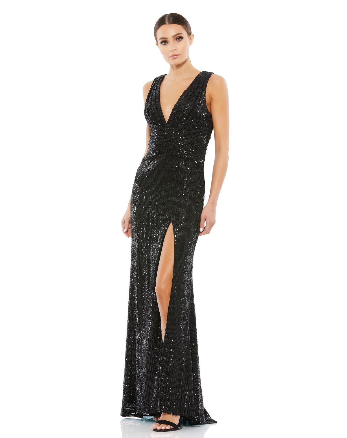 This elegant Mac Duggal, long, black, floor-length sequined gown with a plunging v-neckline, wrap waist, and a thigh-high slit. This elegant evening dress is the perfect dress perfect for proms, black-tie affairs, weddings and special events!