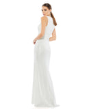  bThis elegant Mac Duggal, long, white, floor-length sequined gown with a plunging v-neckline, wrap waist, and a thigh-high slit. This elegant evening dress is the perfect dress perfect for proms, black-tie affairs, weddings and special events back