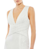  clThis elegant Mac Duggal, long, white, floor-length sequined gown with a plunging v-neckline, wrap waist, and a thigh-high slit. This elegant evening dress is the perfect dress perfect for proms, black-tie affairs, weddings and special events close up