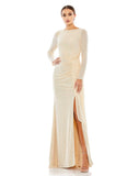 This elegant Mac Duggal, long sleeved, neutral tone, creamy pearl, elegant evening gown with a high, boat-neck is a chic evening dress perfect for special occasions, weddings, engagement parties and Winter formals. This sequin, gown in soft pearl flatters with its wrap detail at the waist and a thigh-split. This floor-length gown also makes an excellent modest brides dress!   