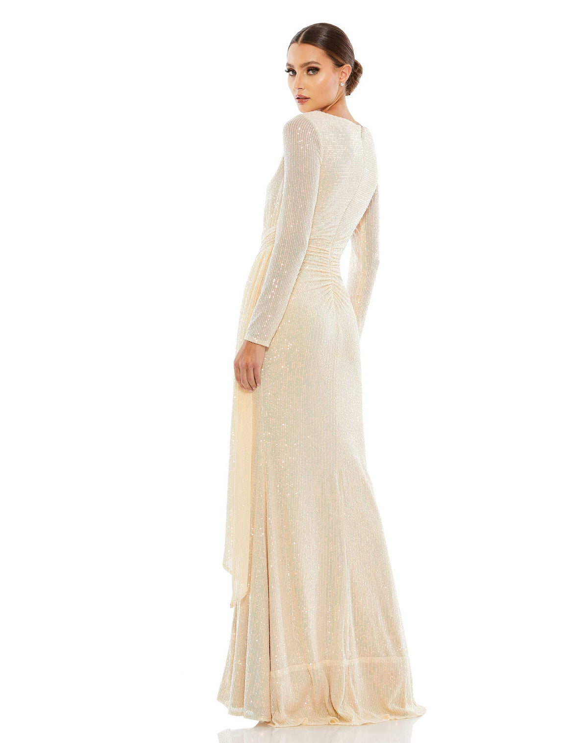 This elegant Mac Duggal, long sleeved, neutral tone, creamy pearl, elegant evening gown with a high, boat-neck is a chic evening dress perfect for special occasions, weddings, engagement parties and Winter formals. This sequin, gown in soft pearl flatters with its wrap detail at the waist and a thigh-split. This floor-length gown also makes an excellent modest brides dress!    back
