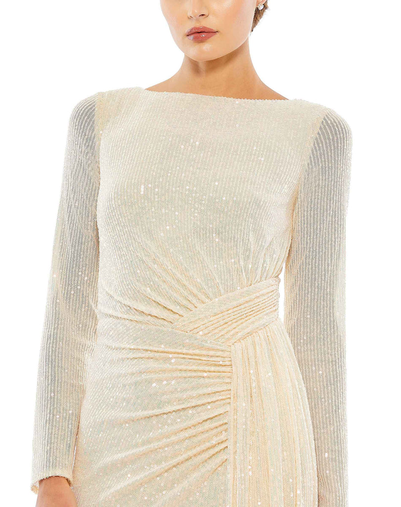 long sleeve modest evening gown with boat neck