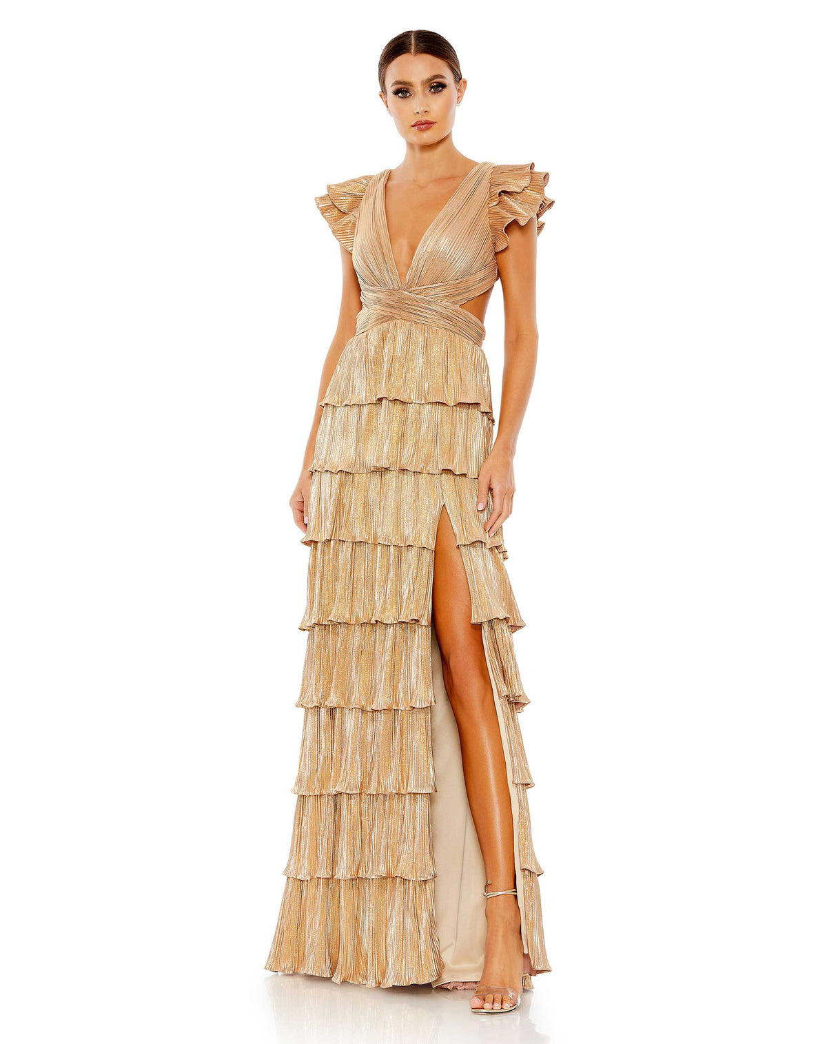 This elegant Mac Duggal, gold, long, short-sleeved, ruffled, gold, tiered dress is perfect for Summer proms and wedding guests! This dress with short ruffled sleeves and a sexy thigh-high split has sexy tie-up detail at the back which make it so very stunning! 