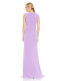 This elegant Mac Duggal floor-length, lilac, short sleeve, evening dress is a beautiful, long, simple and sleek, jersey gown with gathering at the waist finished with a rhinestone buckle and a sexy leg slit to create easy and simple movement. This gown is perfect for proms, black-tie affairs, weddings, brides and special events back view